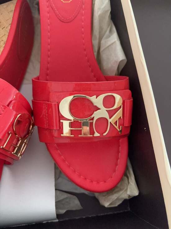 Coach Shoes - Coach A8379 Jen Patent Melon Cork Wedge Sandals Size 8 Gorgeous Color and Gold l